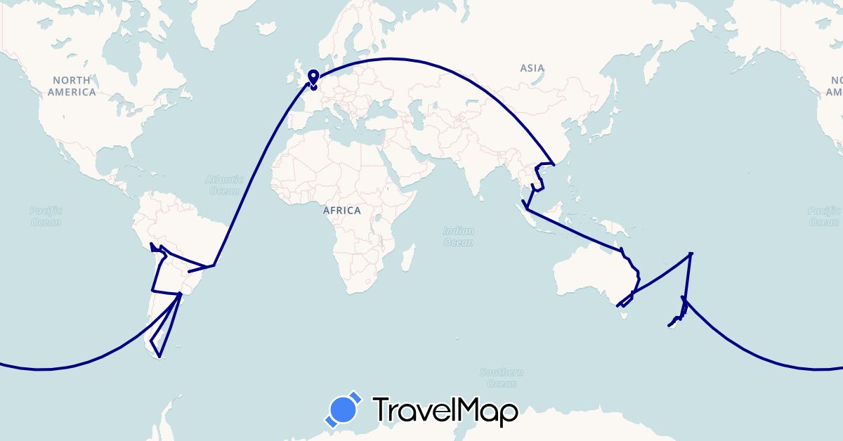 TravelMap itinerary: driving in Argentina, Australia, Bolivia, Brazil, Chile, China, Fiji, France, United Kingdom, Hong Kong, Cambodia, Malaysia, New Zealand, Peru, Singapore, Vietnam (Asia, Europe, Oceania, South America)